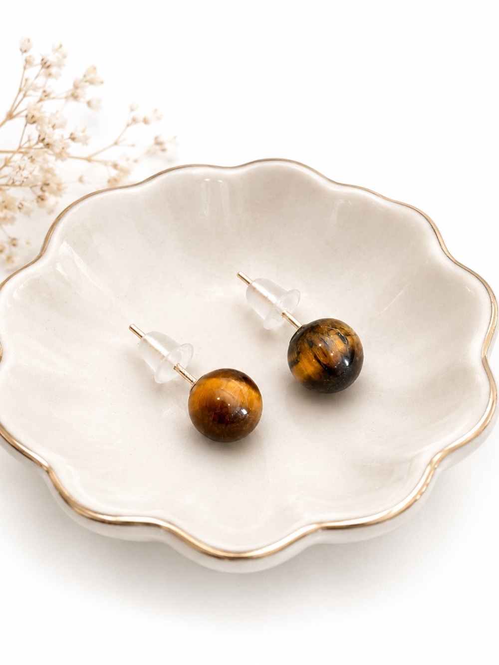 14k Yellow Gold Tiger Eye Ball Stud Earrings